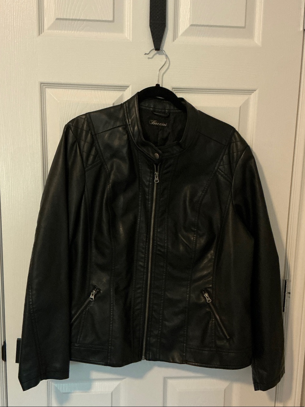 Baccini Black Faux Leather Bomber Jacket